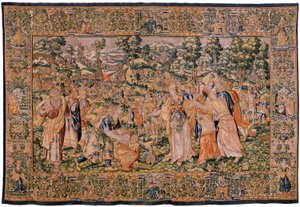 Vlaams wandtapijt. Serie Verhaal van Cyrus. Tomyris beveelt het hoofd van Cyrus in een vat bloed te dompelen. Anoniem, gebaseerd op Michiel Coxcie. Atelier Antwerpen. Zijde en wol.