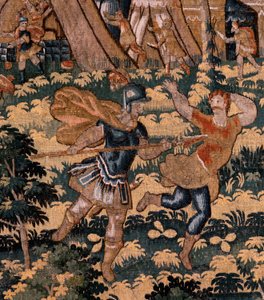Vlaamse wandtapijt. Serie Verhaal van Cyrus. Nr. V Gevecht tussen twee krijgers en de dood van Cyrus. Anoniem, gebaseerd op Michiel Coxcie. Atelier Antwerpen. Ca 1590. door Flemish School
