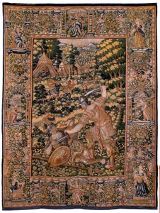 Vlaamse wandtapijt. Serie Verhaal van Cyrus. Nr. V Gevecht tussen twee krijgers en de dood van Cyrus (Combate de dos guerreros y muerte de Ciro). Anoniem, gebaseerd op Michiel Coxcie. Atelier Antwerpen. Zijde en wol. Ca 1590. door Flemish School