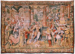 Vlaams wandtapijt. Serie Verhaal van David. David voor Saul. Model door Bernard van Orley. Manufacture Brussel. Ca1525. Zijde en wol. Locatie Kathedraal van Burgos. Oorsprong Een legaat aan de kathedraal in 1535 door Card