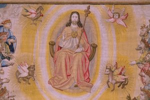 De Apocalyps: Sint-Michiel verslaat de draak. Ca 1553-1555. (detail) door Flemish School