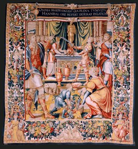 Vlaamse wandtapijt. Serie De Geschiedenis van Hannibal. Hannibals eed (Juramento de Aníbal). Eerste wandtapijt in de serie. Cartoons anonieme meester van de Nederlanden. Brusselse fabriek, werkplaats. Ca 1570. Stof Wol en zijde, 6,5/7 scheringen per cm. Gr door Flemish School