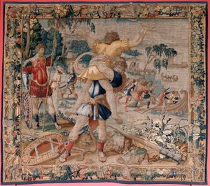 Vlaamse wandtapijt. Serie De werken van Hercules. Hercules en Antaeus. Vierde wandtapijt in de bestaande serie. Model Onbekend. Atelier Willem Dermoyen, Brussel. Ca 1528. Stof Zijde en wol. Afmeting 362 x 403 cm. Locatie Koninklijk Paleis