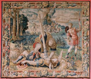 Vlaamse wandtapijt. Serie De Werken van Hercules. Hercules vecht tegen de Minotaurus. Tweede tapijt in de bestaande serie. Ca 1528. door Flemish School
