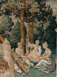 Vlaamse wandtapijt. Serie De Werken van Hercules. Hercules in de Tuin van de Hesperiden. Vijfde wandtapijt in de bestaande serie. Model Onbekend. Fabrikant Willem Dermoyen, Brussel. Ca 1528. door Flemish School