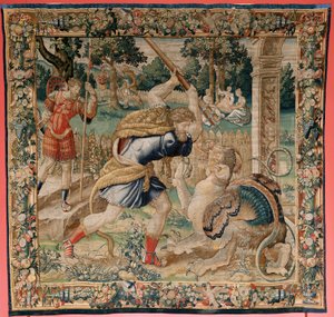 Vlaamse wandtapijt. Serie De werken van Hercules. Hercules in de Tuin van de Hesperiden. Vijfde wandtapijt in de bestaande serie. Manufacture Willem Dermoyen, Brussel. Ca 1528 door Flemish School