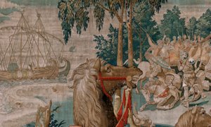 Vlaamse wandtapijt. Serie De werken van Hercules. De paarden van Diomedes. Derde wandtapijt in de bestaande serie. Model onbekend. Fabriek Willem Dermoyen, Brussel. Ca 1528. door Flemish School