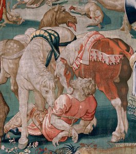 Vlaamse wandtapijt. Serie De werken van Hercules. De paarden van Diomedes. Derde wandtapijt in de bestaande serie. Model onbekend. Fabriek Willem Dermoyen, Brussel. Ca 1528.