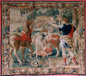 Vlaams wandtapijt. Serie De werken van Hercules. De paarden van Diomedes. Derde wandtapijt in de bestaande serie. Model Onbekend. Manufacture Willem Dermoyen, Brussel. Ca 1528. Stof Zijde en wol. Grootte 350 x 400 cm. Locatie Koninklijk
