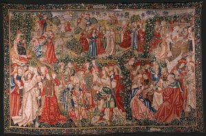 Vlaams wandtapijt. Serie De gelijkenis van de arbeiders in de wijngaard. De oproep aan de arbeiders. Eerste wandtapijt in de serie. Manufacture Brussel, Pieter van Aelst’s ateliers (?). Ca 1500. Stof Zijde en wol, 6 scheringen per cm.