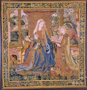 Vlaams wandtapijt. De Maagd met het Kind en engelen. Ca 1500.