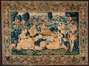 Vlaams wandtapijt. De landelijke maaltijd. Atelier van Oudenaarde. 17e eeuw. door Flemish School