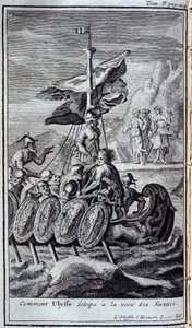 Hoe Ulysses ontsnapte aan de stem van de sirene. Illustratie voor boek XII van de Odyssee van Homeros, gepubliceerd in Amsterdam in 1731, privécollectie Milaan
