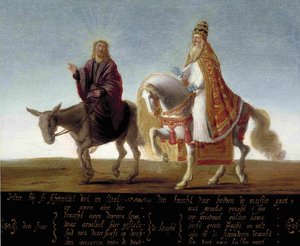 Jezus afgebeeld op een ezel naast de rijkelijk geklede paus op een paard