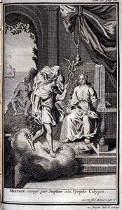 Mercurius gestuurd door Jupiter naar de nimf Calypso. Illustratie voor boek V van de Odyssee van Homeros, gepubliceerd in Amsterdam in 1731, privécollectie Milaan door Flemish School