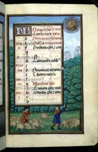 Ms 1058-1975 f.11r Varkens hoeden en eiken slaan, verlichte kalenderpagina voor november, uit een Getijdenboek, ca.1500 (perkament)