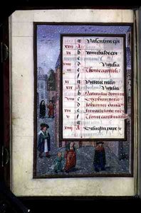 Ms 1058-1975 f12v Sneeuw in een straat, verlichte kalenderpagina voor december, uit een Getijdenboek, c.1500 (perkament)