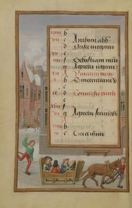Ms 1058-1975 f1v Straatscène in de sneeuw, verlichte kalenderpagina voor januari, uit een getijdenboek, ca. 1500