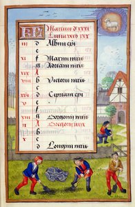 Graven en bomen planten, kalenderpagina voor maart, uit een Getijdenboek, ca. 1500