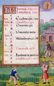 Ms 1058-1975 f6r Gras maaien, verlichte kalenderpagina voor juni, uit een Getijdenboek, ca.1500