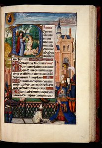 Ms 1058-1975, f.74r: Koning David bidt tot de Maagd en het Kind en een gehistorieerde initiaal D die de schepping van Eva uitbeeldt, uit een Getijdenboek, Brugge, c.1510 door Flemish School