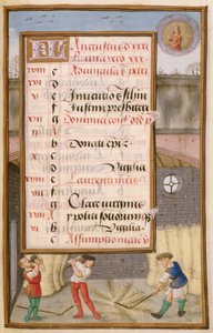 Graan dorsen in de schuur, kalenderpagina voor augustus, uit een Getijdenboek, ca. 1500