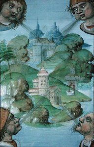 Ms Hunter 9 f.47v Vier winden blazen op hoeken van een zee-omgeven landschap, uit 