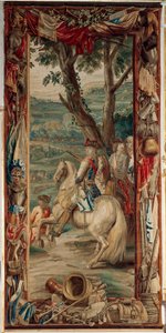 Paleis (Schlossanlage Schleißheim). Vlaamse wandtapijt. Brussel atelier Judocus De Vos. Ontwerp Lambert De Hondt. Maximiliaan II Emanuel en twee infanteristen. Wol en zijde. Ca 1715 - 1724