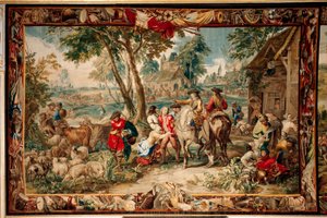 Paleis (Schlossanlage Schleißheim). Vlaamse wandtapijt. Brussel atelier Judocus De Vos. Ontwerp Lambert De Hondt. Plundering. Wol en zijde. Ca 1715 - 1724