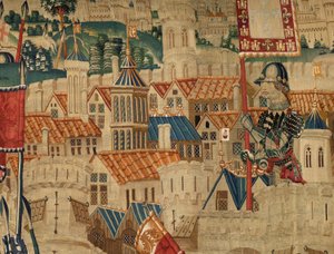 Parochiemuseum van wandtapijten. Vlaamse wandtapijt. De inname van Tanger. Serie Veroveringen van koning Alfonso I van Portugal. Tournai. Wol en zijde.