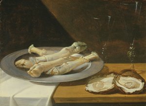Varkenspootjes op een tinnen bord met oesters en wijnglazen op een gedekte tafel, c.1630 door Flemish School
