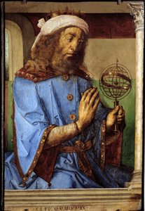 Portret van Ptolemaeus (Claudius Ptolemaeus, ca. 90-168), Griekse astronoom. Schilderij door Pedro Berruguete (ca. 1450-voor 1504) en Justus van Gent (1435-1480) door Flemish School