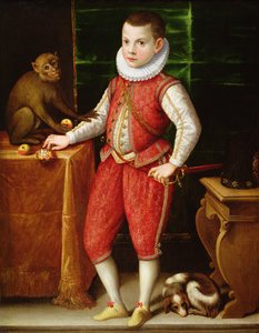 Portret van een jonge edelman met een aap en een hond, ca. 1615