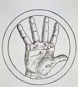Positie van de Planeten op de Rechterhand, kopie van een illustratie uit De Occulta Philosophia Libri III, door Henricus Cornelius Agrippa, Antwerpen 1533, gebruikt in Geschiedenis van de Magie, gepubliceerd eind 19e eeuw
