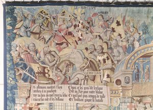 Scènes uit het leven van St. Remegius (d.553) detail van Clovis I (465-511) bij de Slag van Tolbiac tegen de Alemannen in 496 n.Chr. door Flemish School