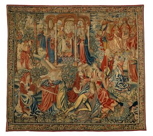 Wandtapijt, Een Morele Allegorie van de Mens of Gerechtigheid die de Mens Aanvalt, gemaakt in Vlaanderen, België, circa 1500 door Flemish School