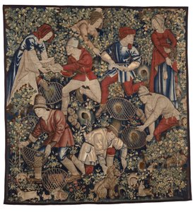 Wandtapijt met boeren die konijnen jagen met fretten, Tournai, c.1450-75