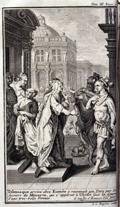 Telemachus arriveert bij het huis van Eumee, herkent zijn vader met de hulp van Minerva, die verschijnt in de gedaante van een mooie vrouw. Illustratie voor boek XVI van de Odyssee van Homeros, gepubliceerd in Amsterdam in 1731, privécollectie