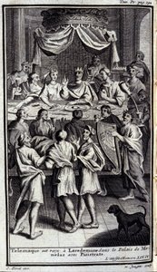 Telemachus wordt ontvangen in Lacedemonië in het paleis van Menelaos met Pisistratus. Illustratie voor boek IV van de Odyssee van Homeros, gepubliceerd in Amsterdam in 1731, Milaan door Flemish School