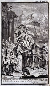 Telemachus verlaat Lacedemonië op een wagen met de zoon van Nestor na het ontvangen van grote geschenken van Menelaos. Illustratie voor boek XV van de Odyssee van Homeros, gepubliceerd in Amsterdam in 1731, privécollectie Milaan door Flemish School