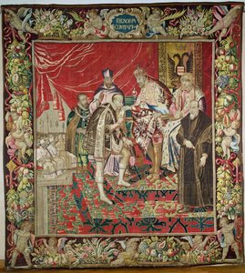De Troonsafstand van Karel V (1500-58) uit Het Wandtapijt van Karel Quint, ca. 1630-40 door Flemish School