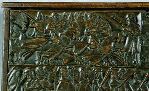 De Kortrijkse Kist met twee scènes van de Guldensporenslag in Kortrijk in 1302 (detail)