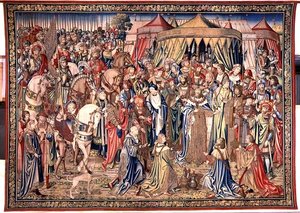 De presentatie van de koninklijke insignes, Wandtapijt van David en Bathseba, c.1510-15 door Flemish School