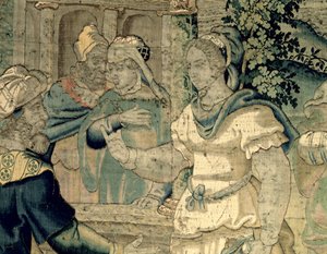 De dochters van Jethro vertellen hun vader over hun ontmoeting met Mozes (detail) door Flemish School