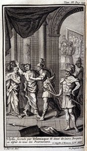 Ulysses geholpen door Telemachus en twee van hun herders verjagen alle achtervolgers. Illustratie voor boek XXII van de Odyssee van Homerus, in de Odyssee, gepubliceerd in Amsterdam in 1731, Privécollectie Milaan. door Flemish School