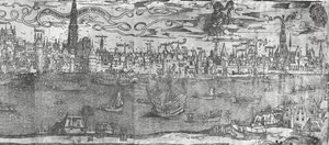 Uitzicht op de Haven van Antwerpen, detail door Flemish School
