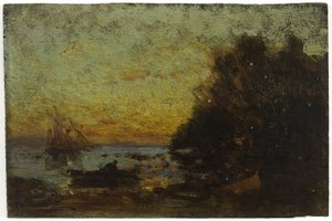 Boot en zeilboten, zonsondergang. Op de keerzijde: Marine door Félix Ziem