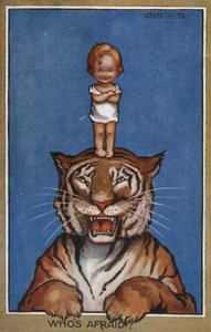 Baby staand op het hoofd van een tijger door Flora White