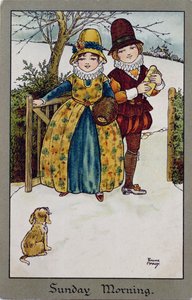 Zondagochtend, Victoriaanse kaart (kleur lithografie) door Florence Hardy