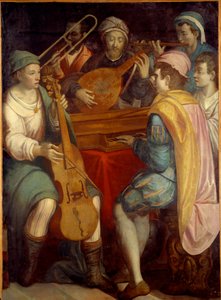 Concert. Luitmuzikanten, epinette, trombone en viola da gamba. Anoniem schilderij van de Florentijnse School 1550-1600